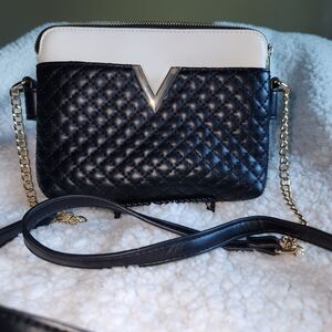 Black and White Quilted Crossbody Bag with Gold V Accent